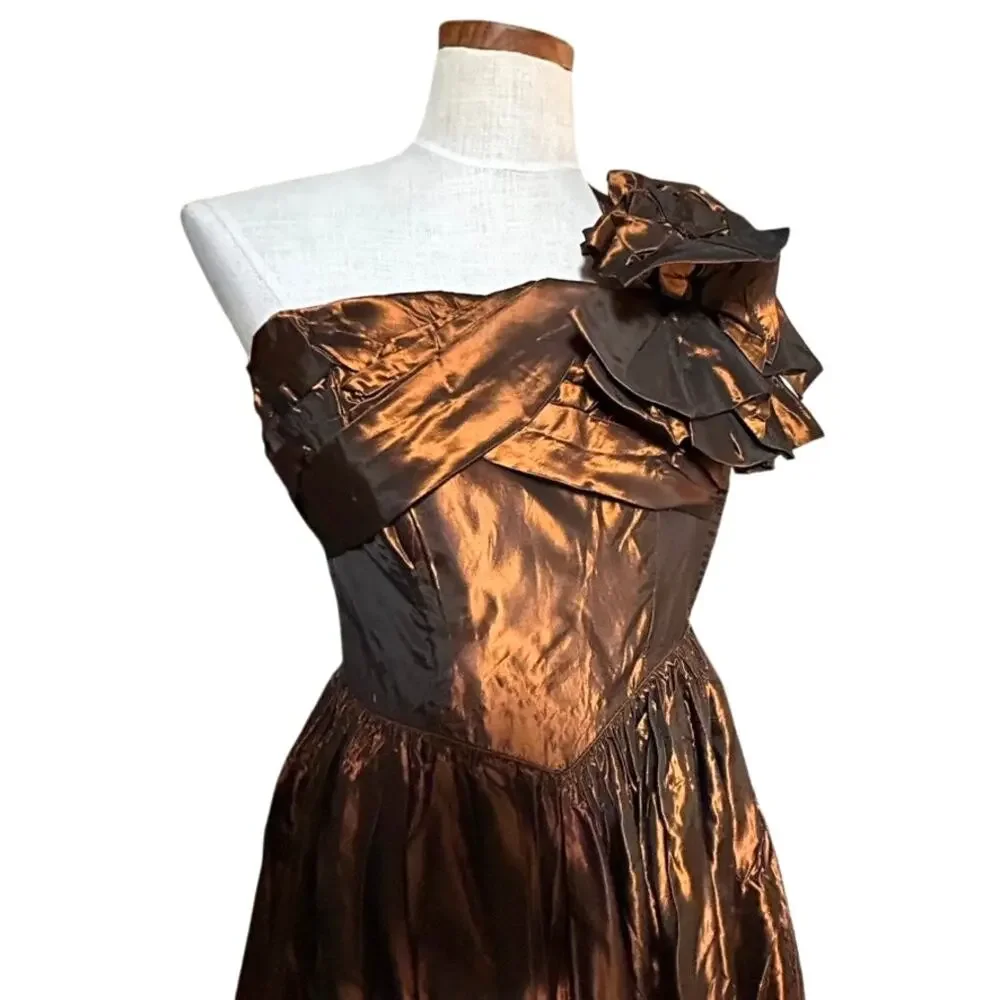Vintage Fred Perlberg Dance Originals Copper Taffeta Ballgown One Shoulder SM